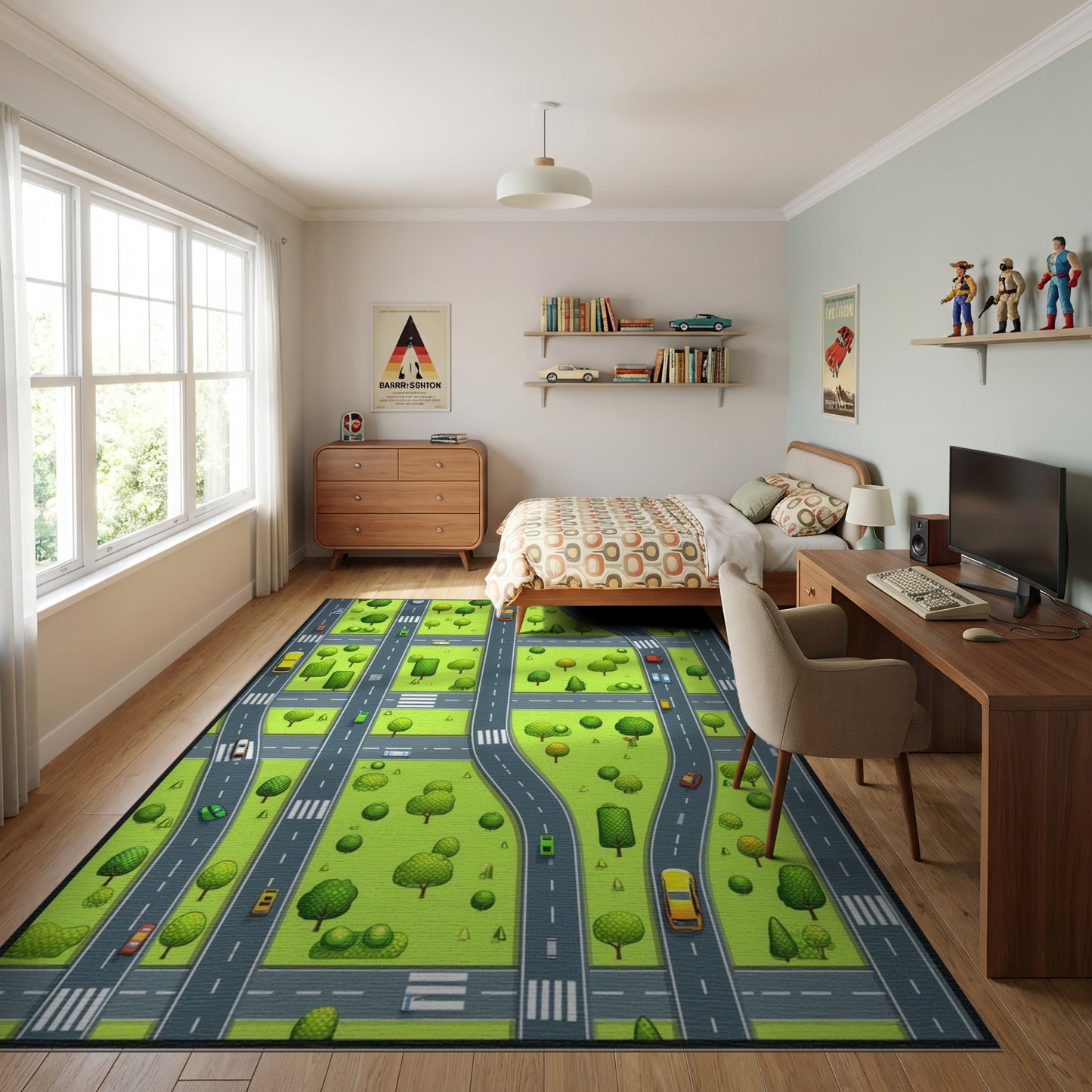 Vibrant City Roads Trees Cars Rug