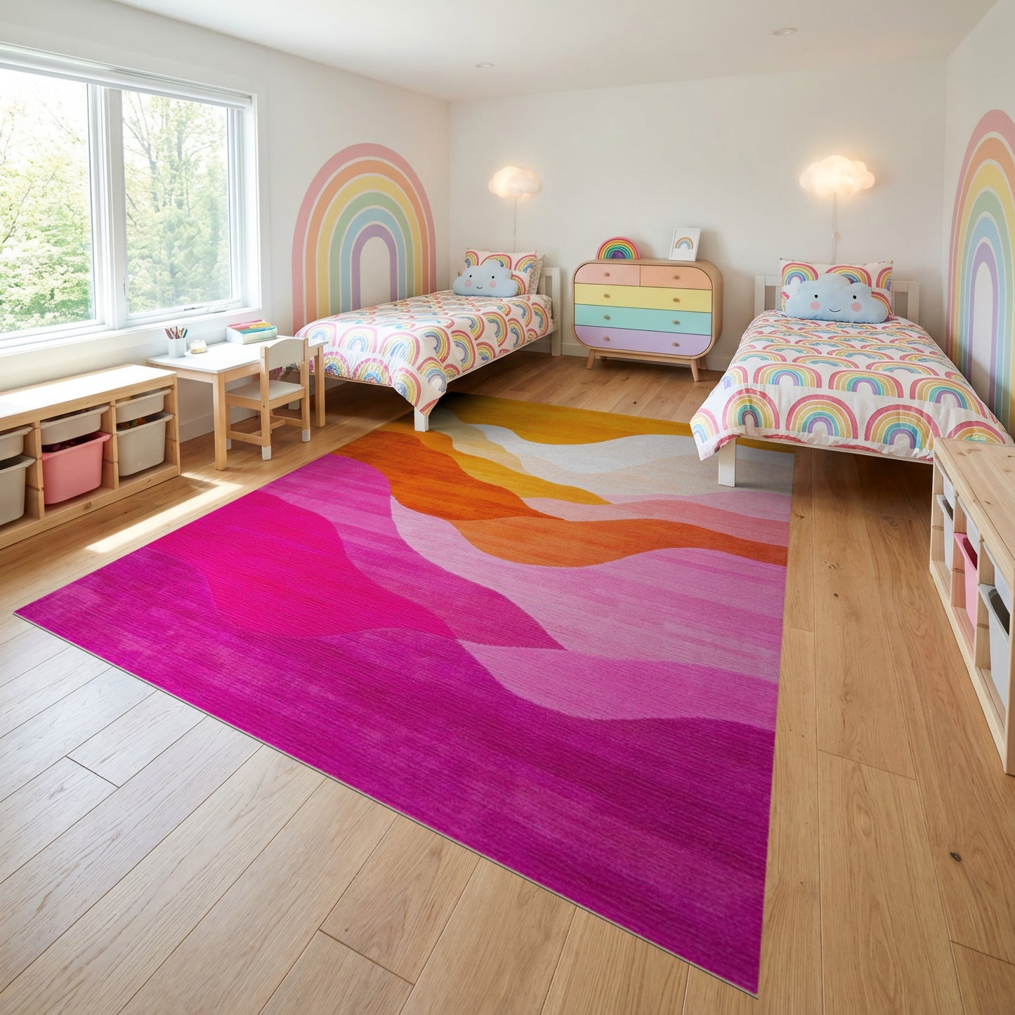 Modern Layered Wavy Orange Pink Rug