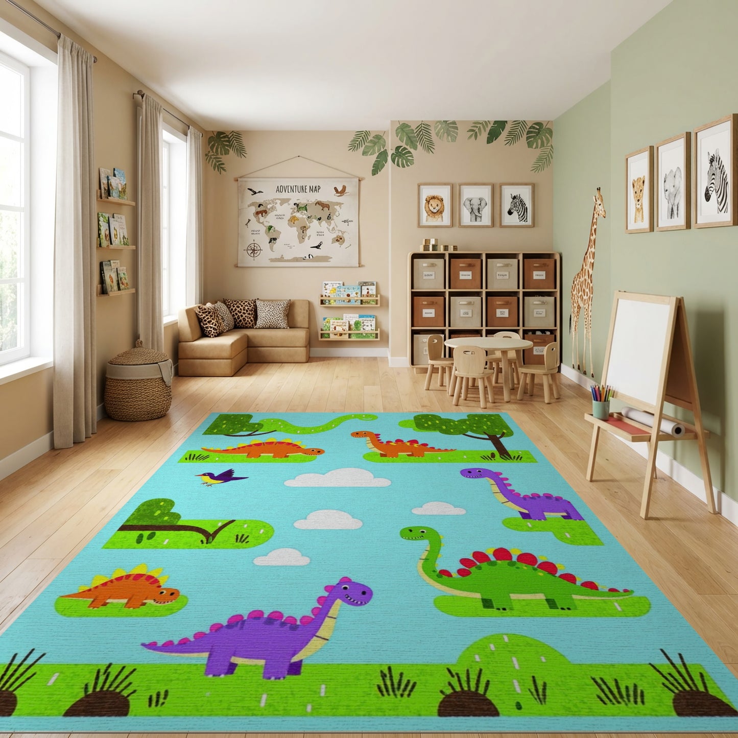 Whimsical Colorful Dinosaurs Trees Clouds Rug