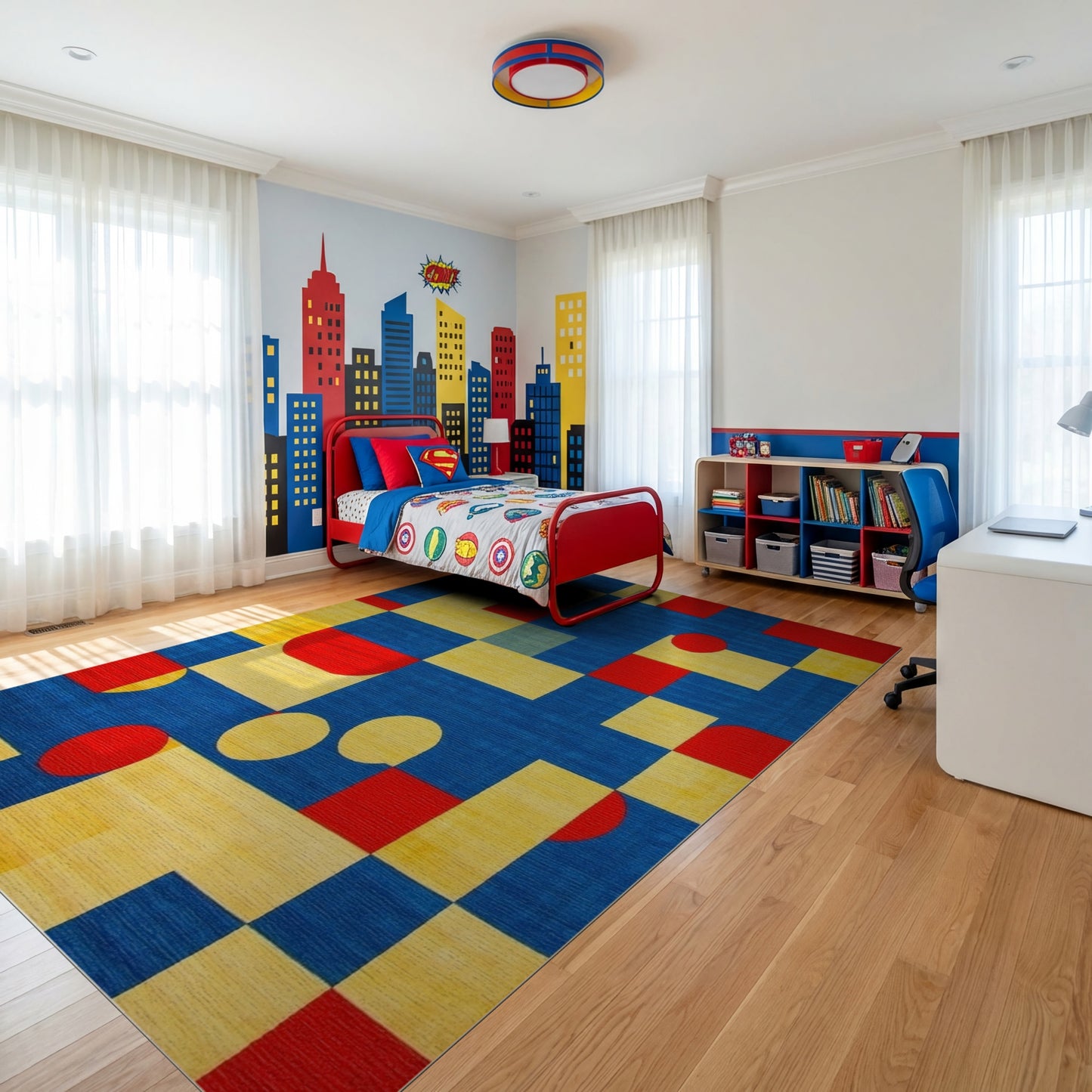 Bold Red Yellow Blue Geometric Shapes Rug