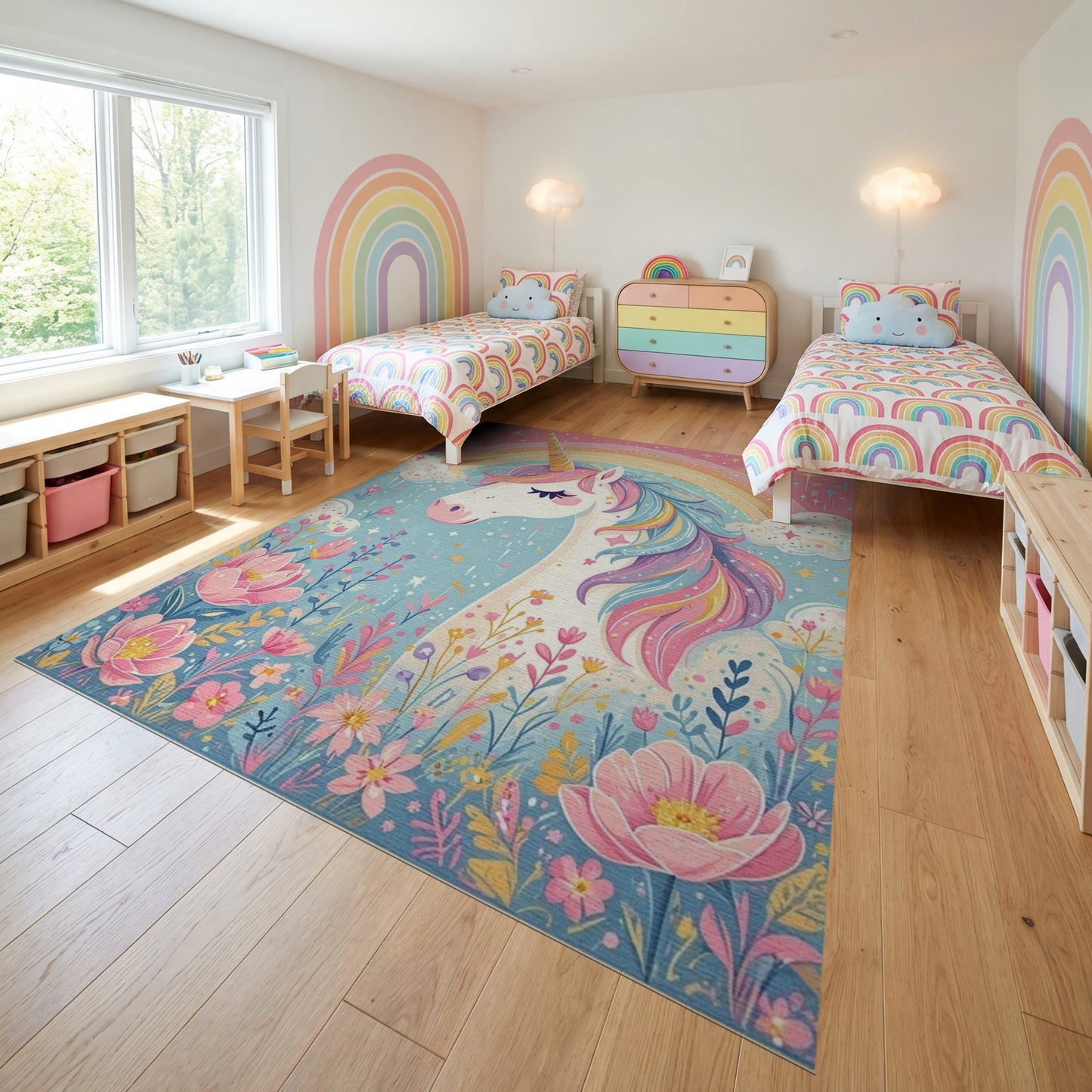 Whimsical Unicorn Rainbow Floral Stars Rug