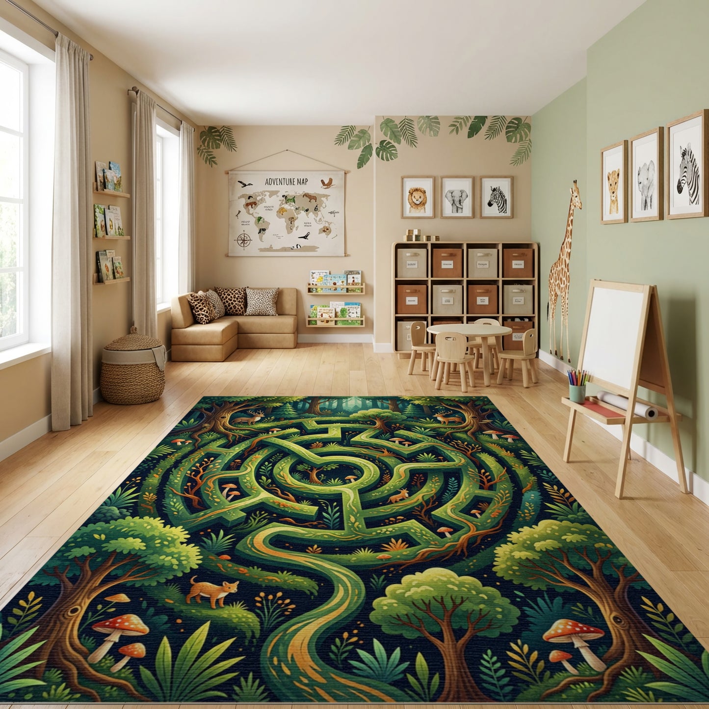 Enchanted Green Forest Maze Deer Rug