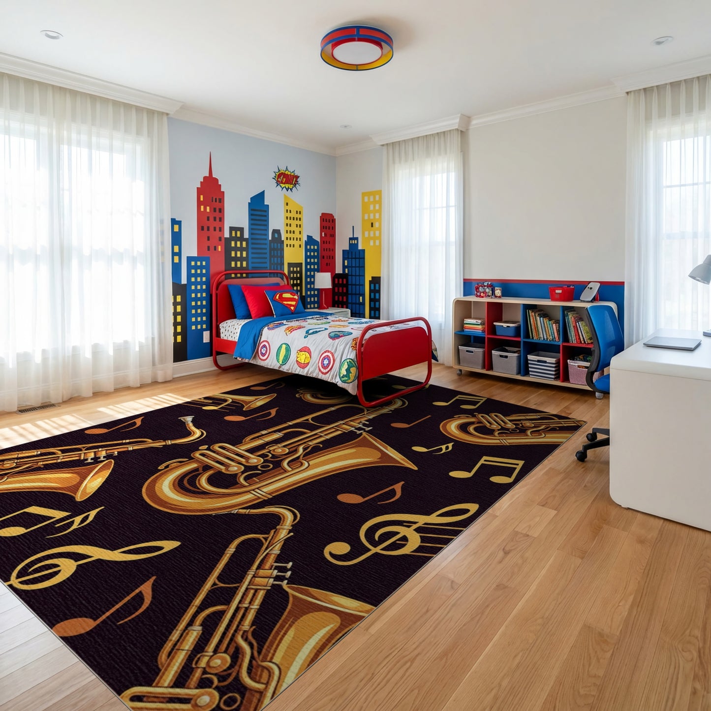 Golden Saxophones Music Notes Black Rug