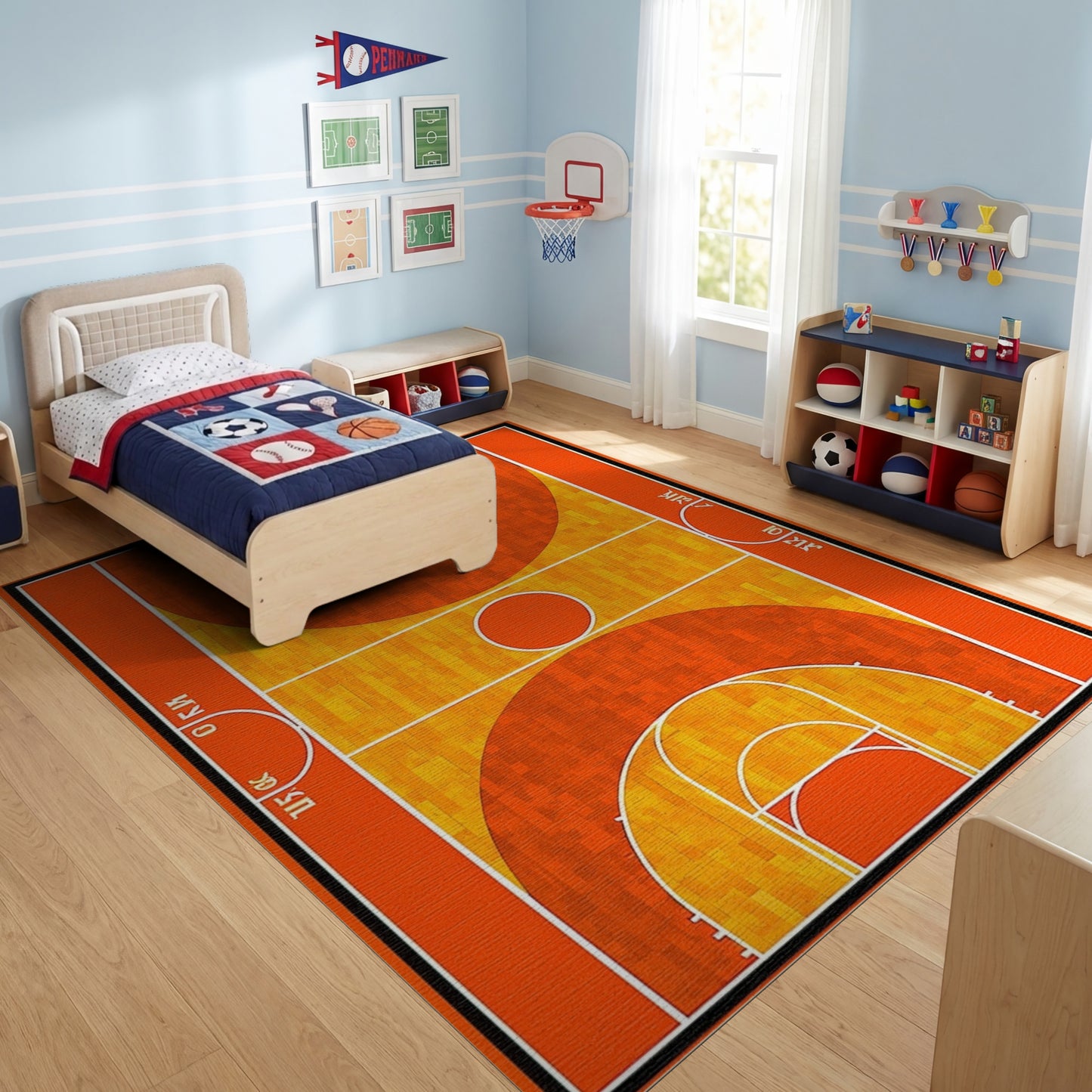 Sporty Orange Basketball Court Pattern Rug