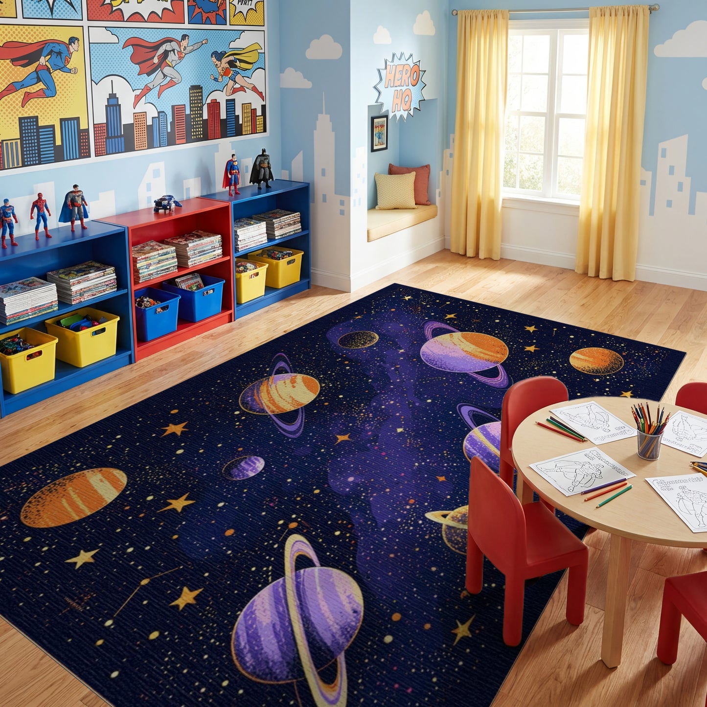 Vibrant Cosmic Ringed Planets Stars Rug