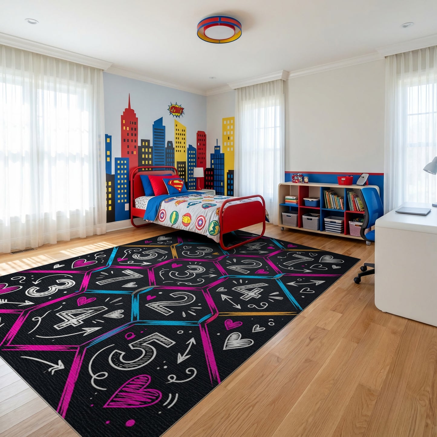 Vibrant Hexagonal Numbers Hearts Arrows Rug