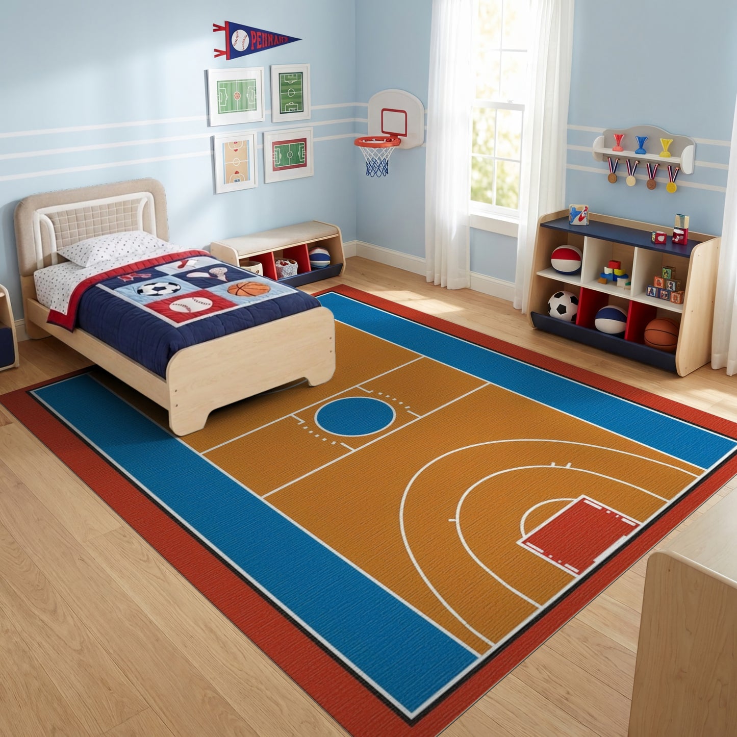 Bold Tan Blue Basketball Court Rug