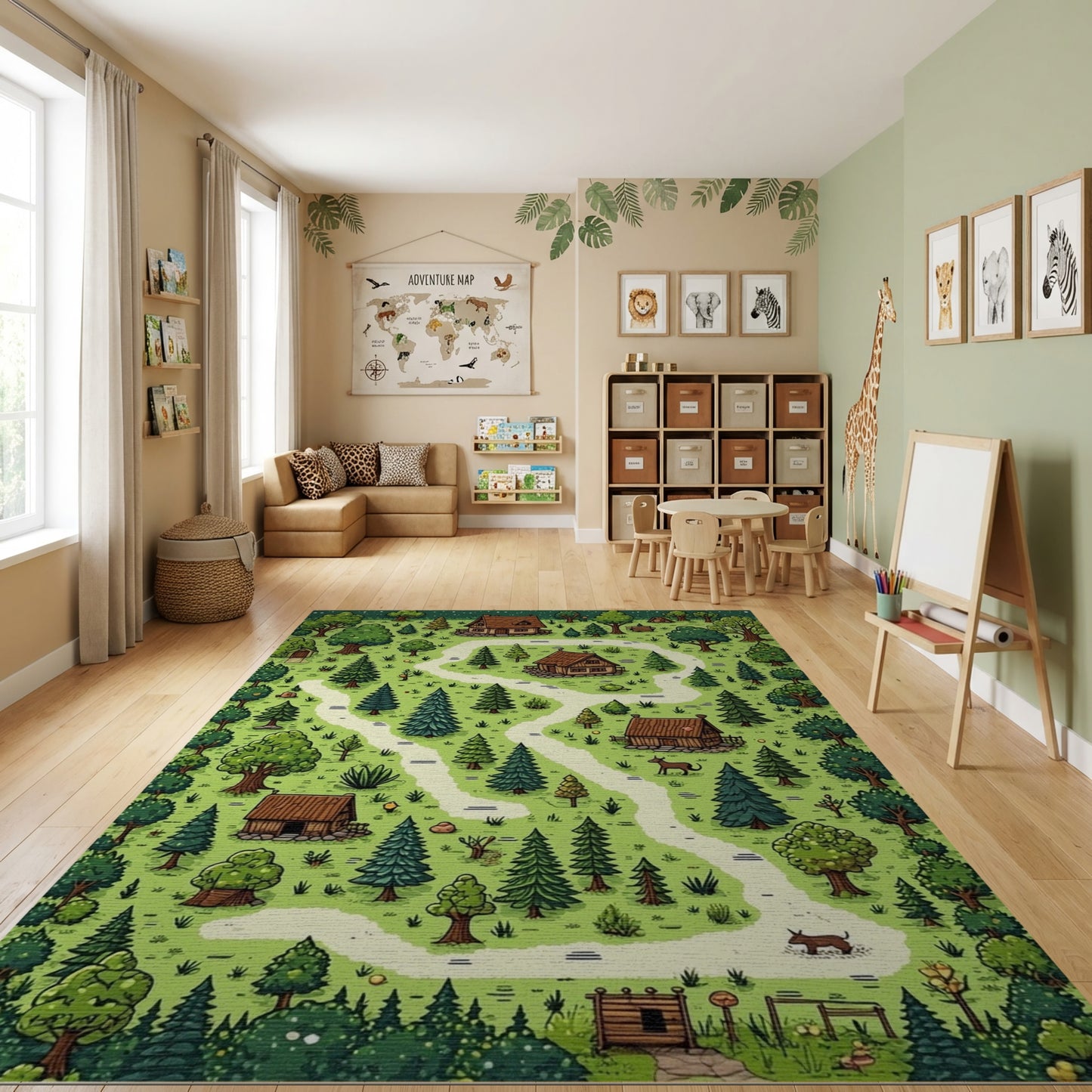Whimsical Green Forest Cottages Path Rug
