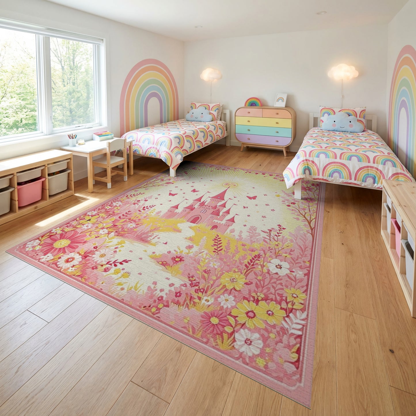 Whimsical Pink Castle Butterflies Floral Rug