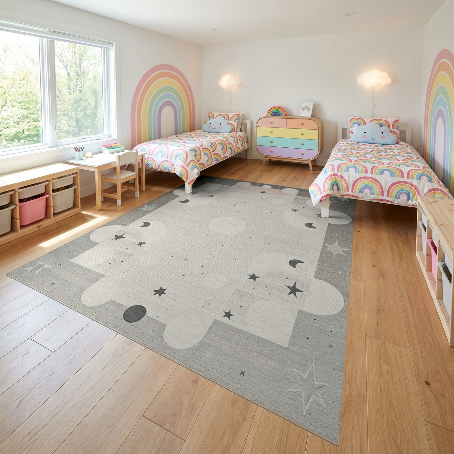 Celestial Gray Stars Moons Rug