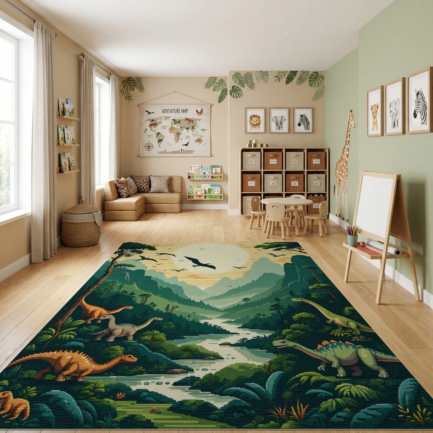 Vibrant Dinosaur Valley Sunset Mountain Rug