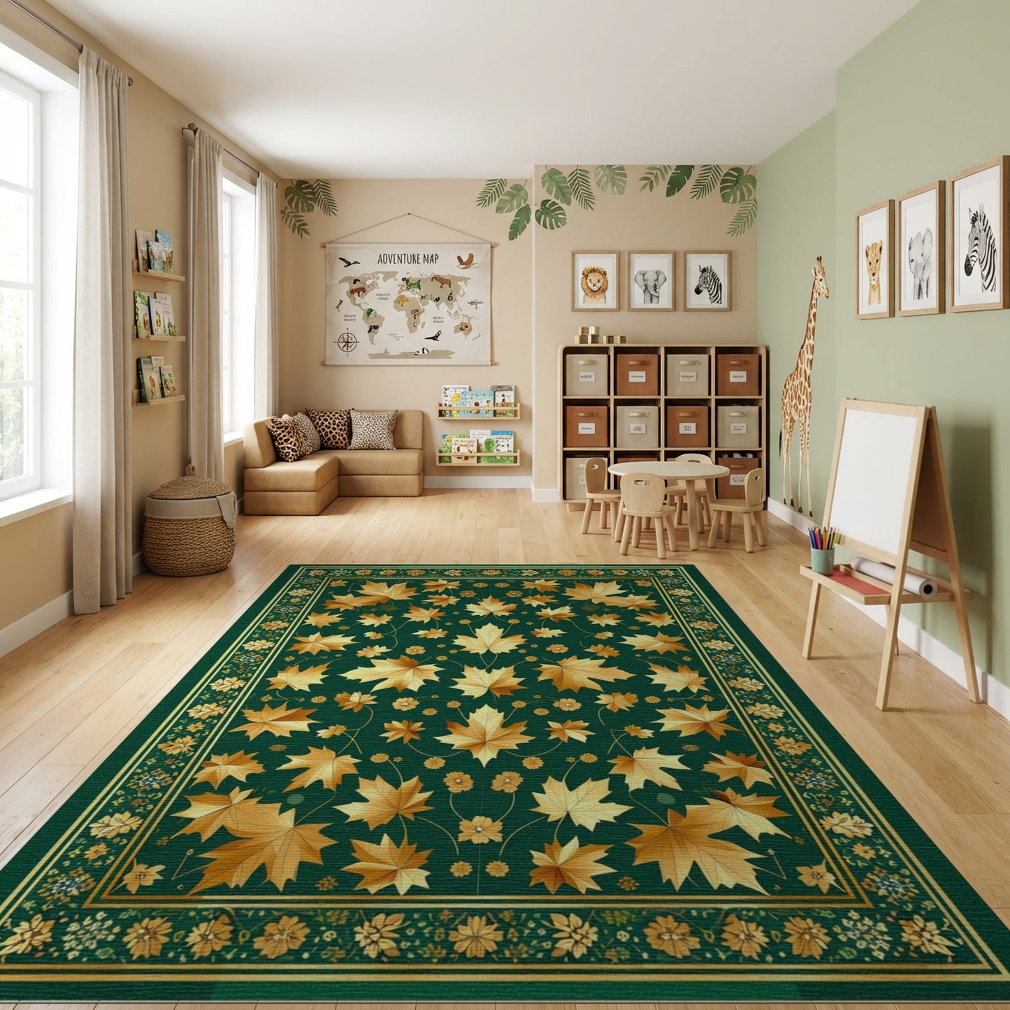Ornate Golden Maple Leaves Green Rug