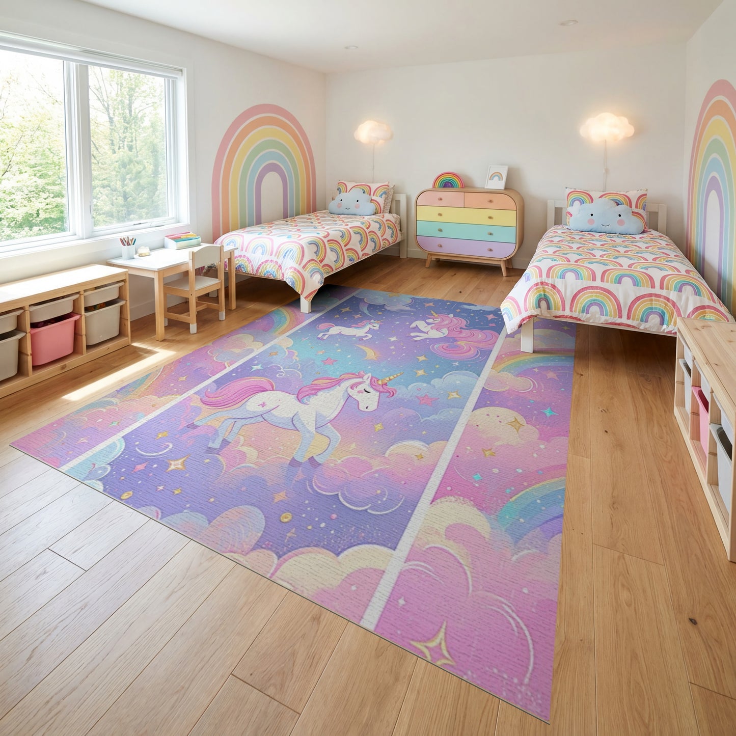 Whimsical Unicorn Rainbow Stars Clouds Rug