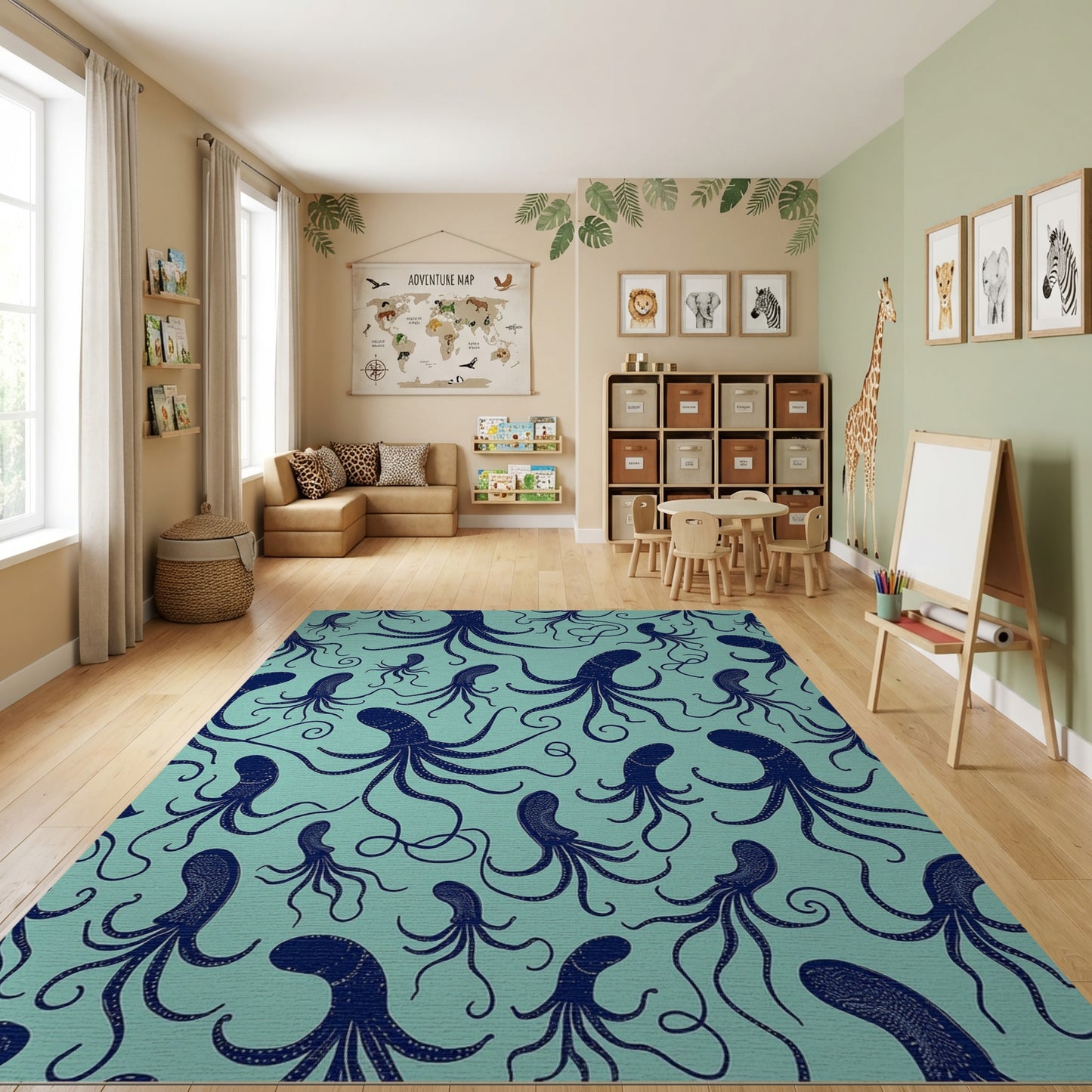 Teal Navy Octopus Tentacles Whimsical Rug