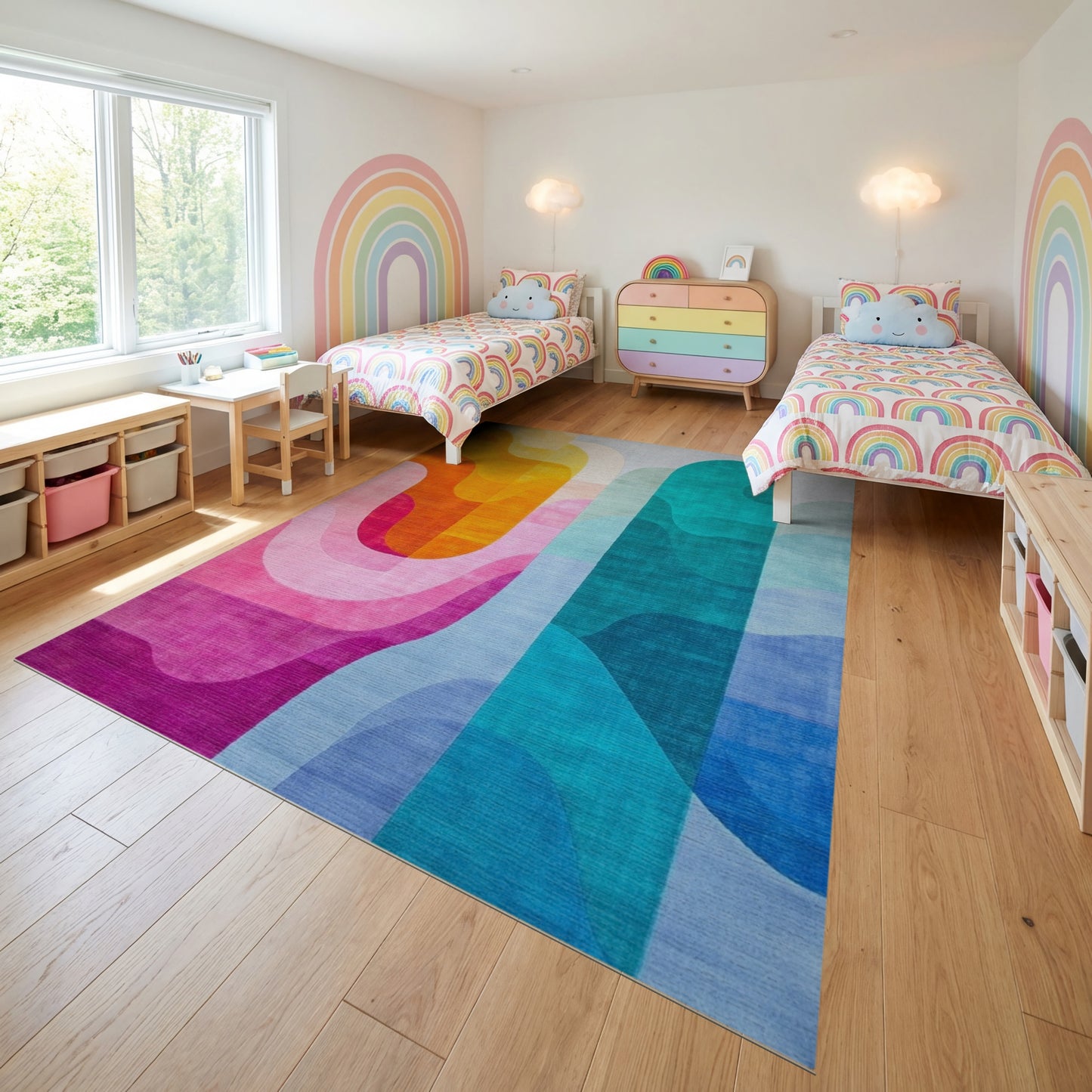 Vibrant Orange Teal Wavy Abstract Rug