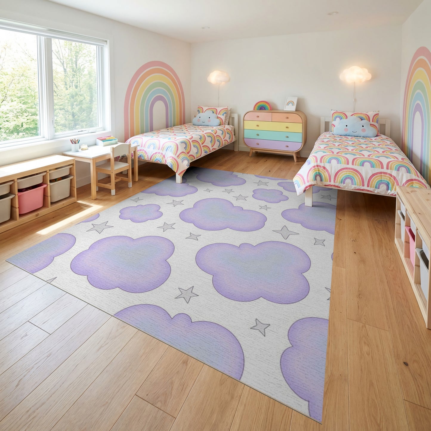 Whimsical Purple Clouds Silver Stars Rug