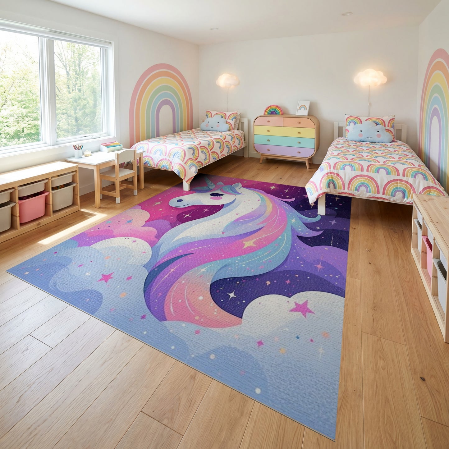 Whimsical Unicorn Stars Rainbow Clouds Rug