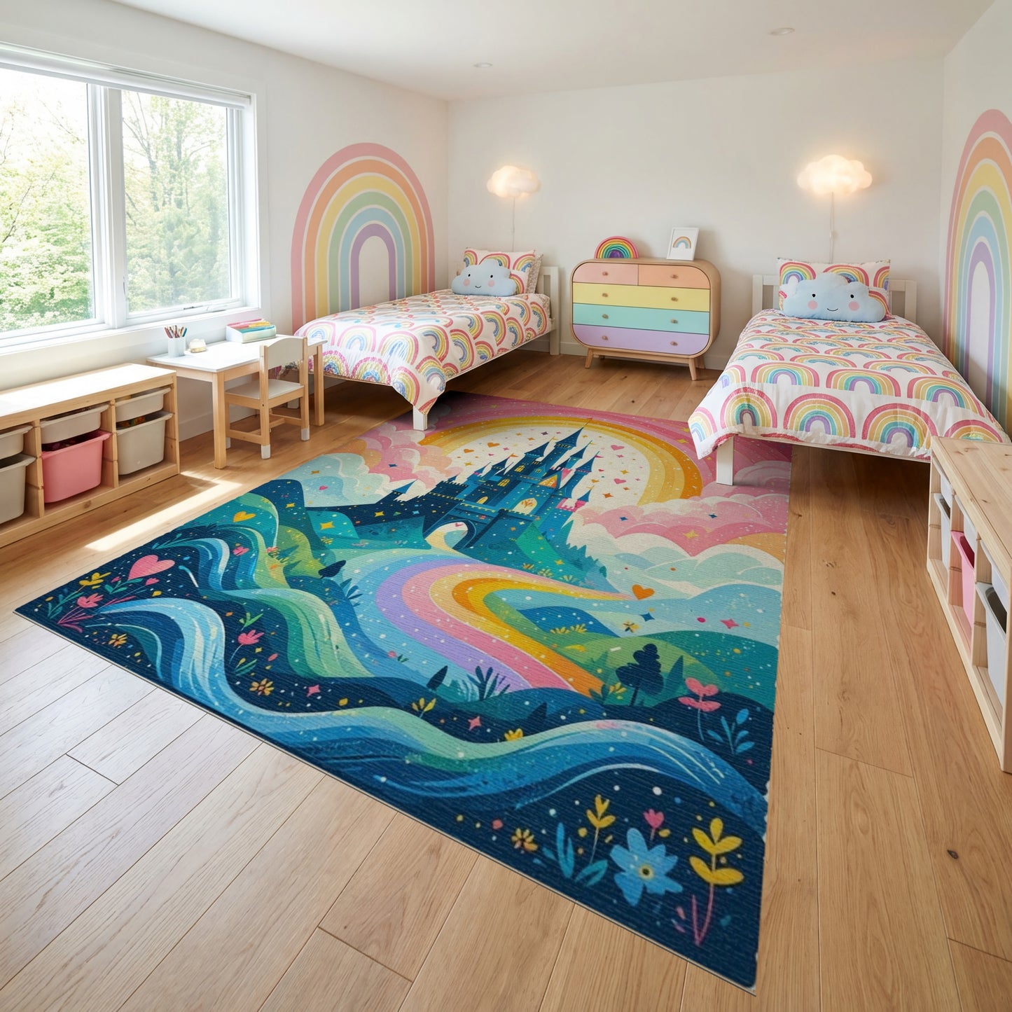 Whimsical Castle Rainbow Hearts Rug