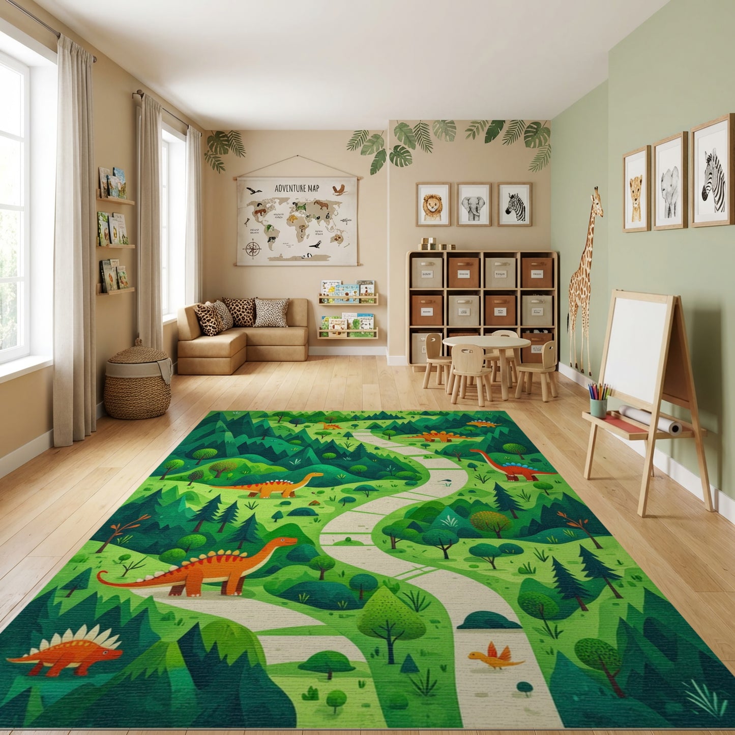 Whimsical Forest Dinosaur Winding Path Rug