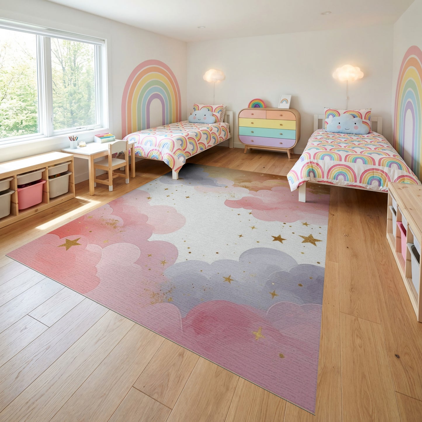 Dreamy Pastel Clouds Gold Stars Rug