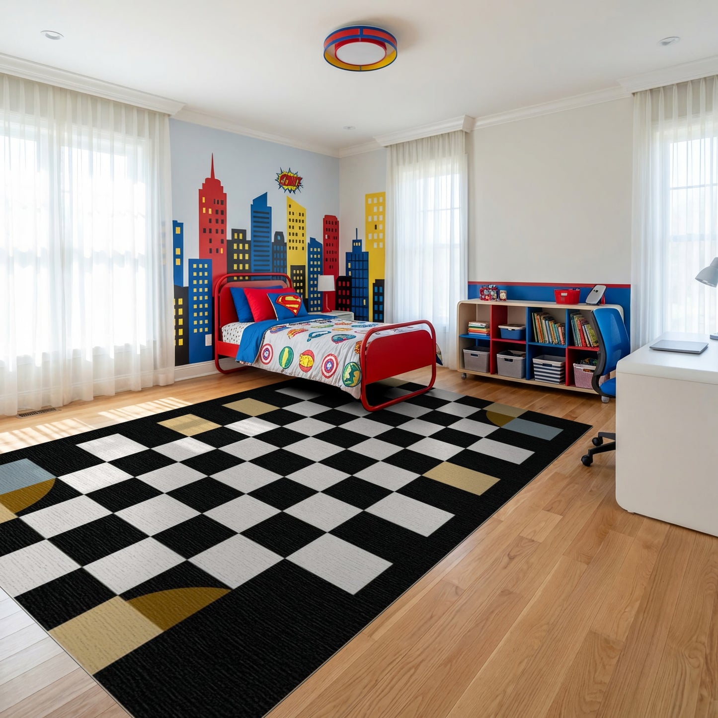 Black White Gold Teal Checkerboard Rug