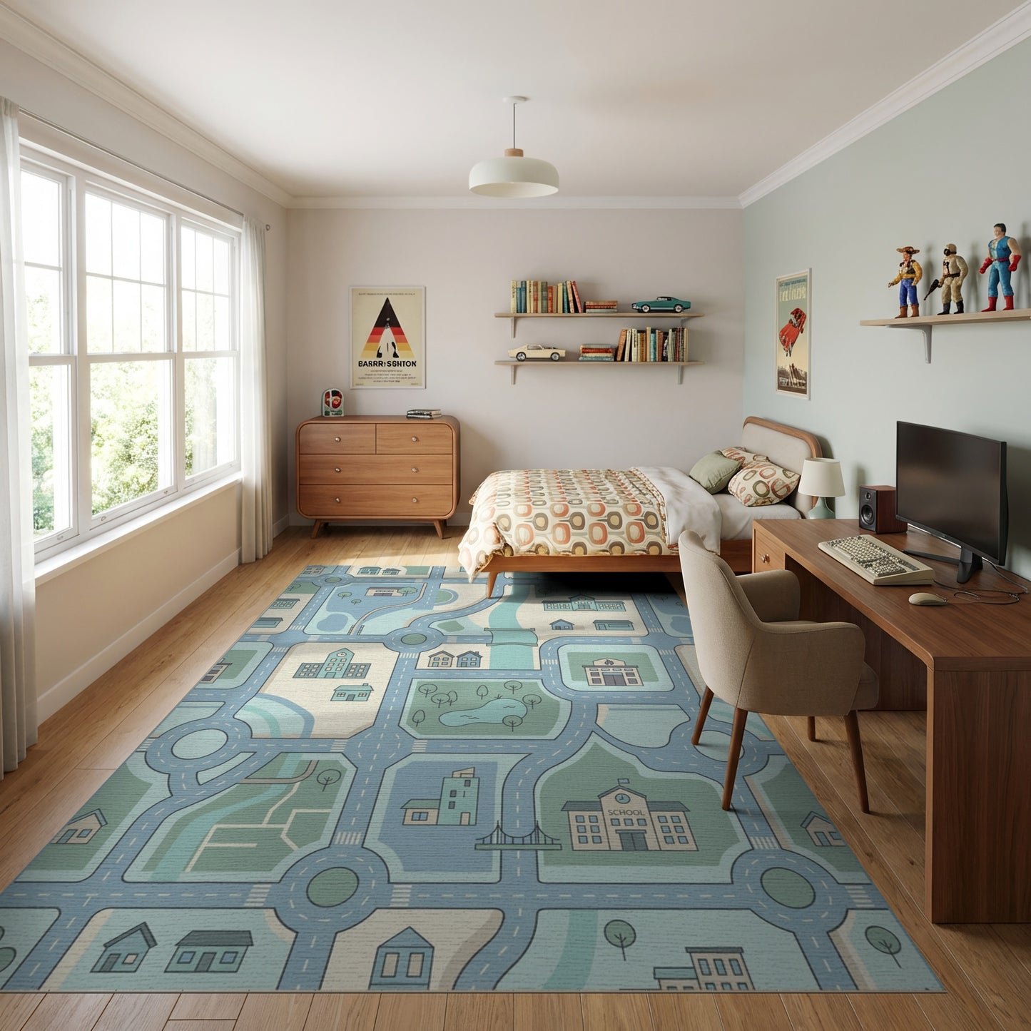 Whimsical Teal City Grid Rug