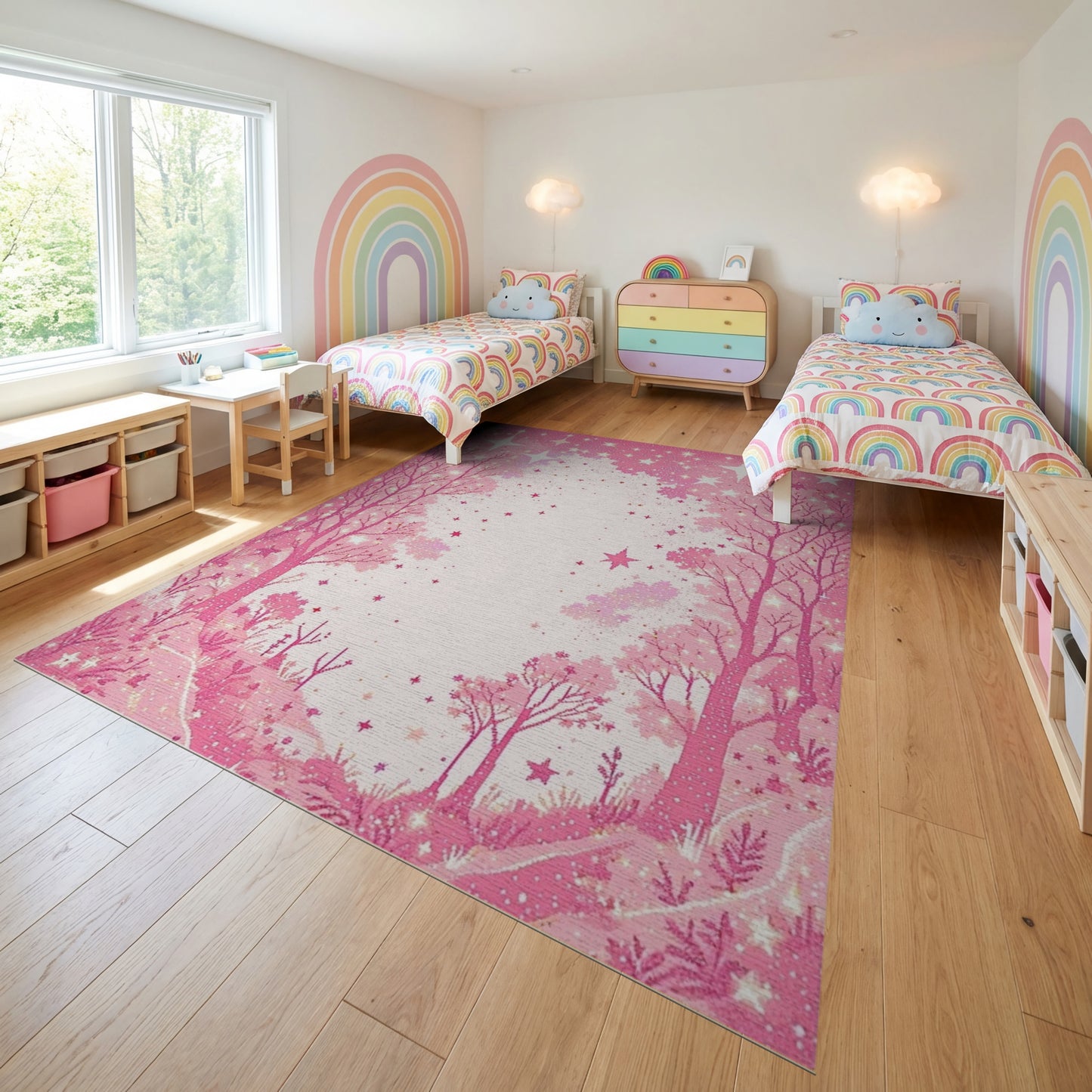 Dreamy Pink Starry Forest Rug