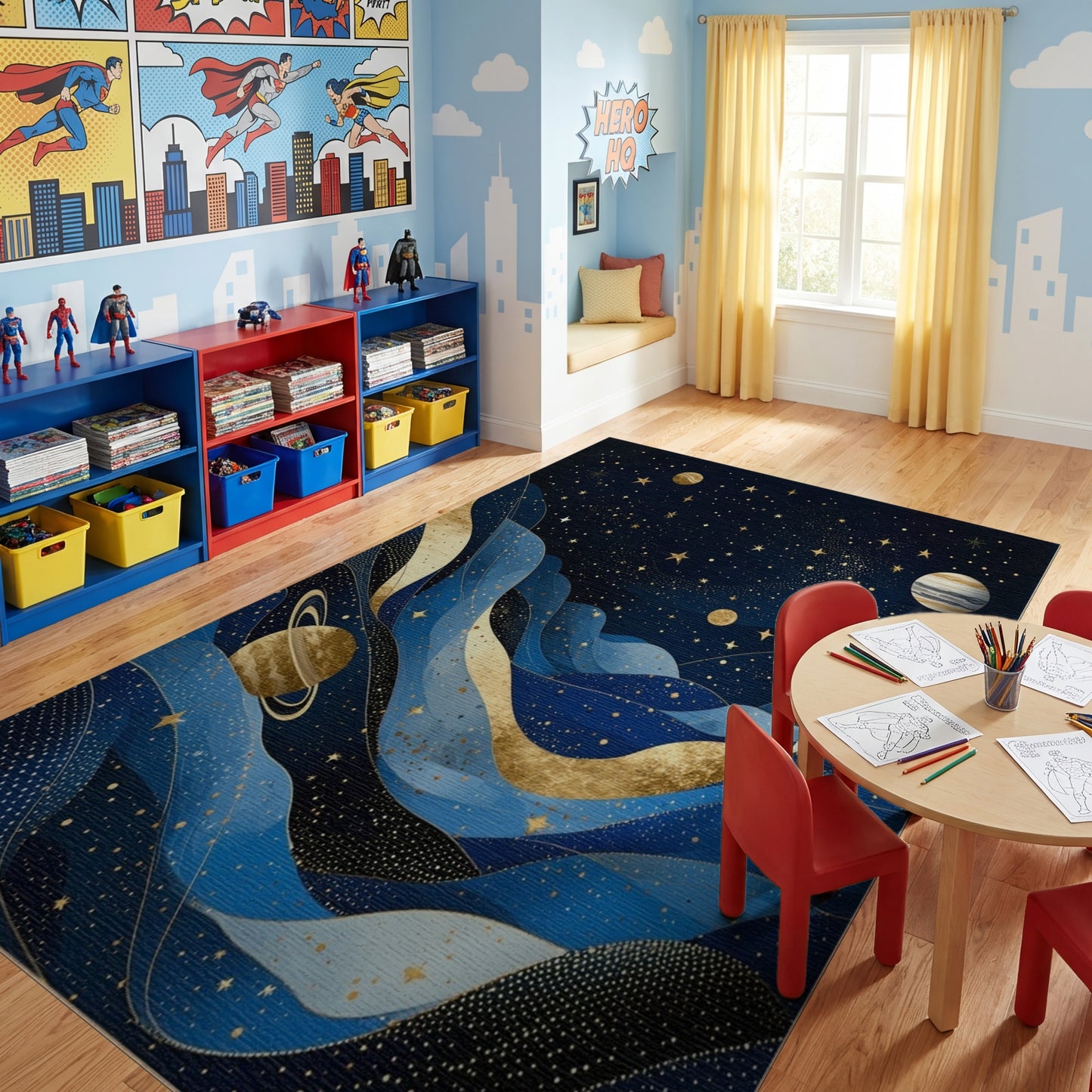 Starry Navy Waves Gold Planets Rug