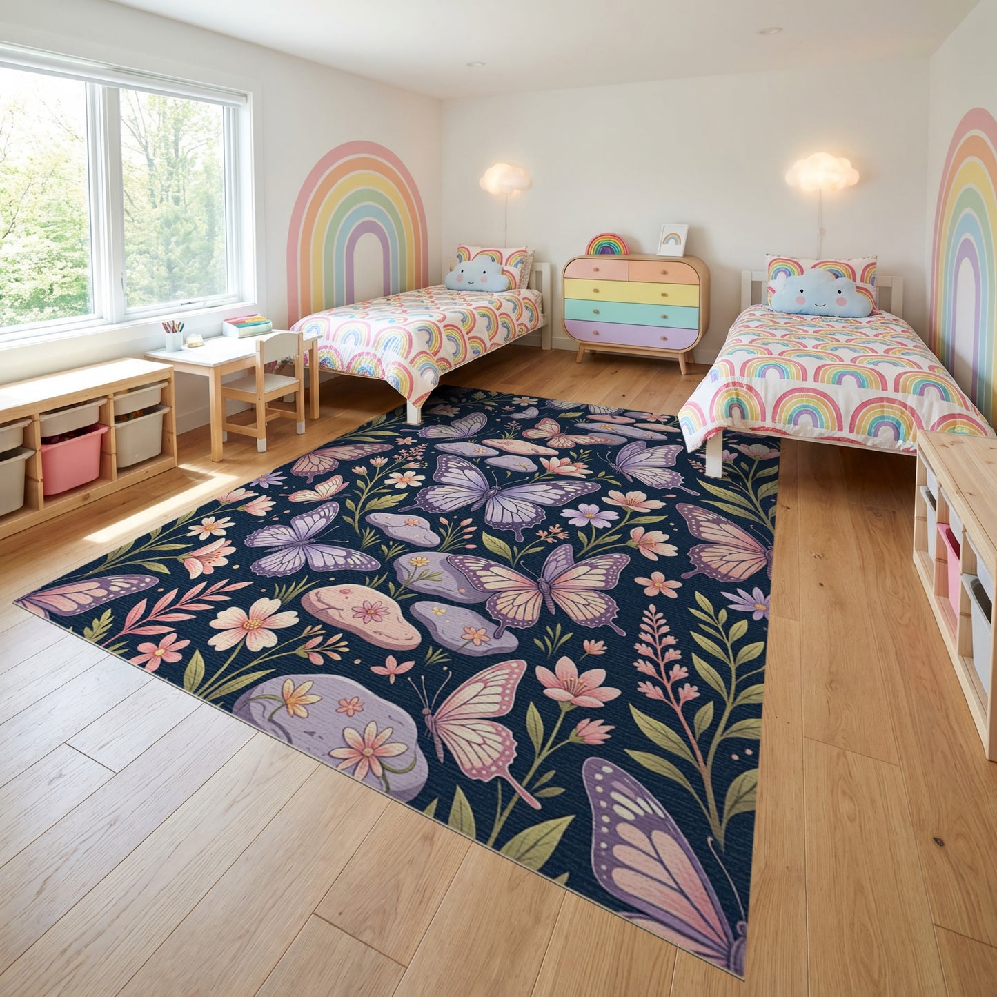 Whimsical Lavender Butterfly Floral Stones Rug