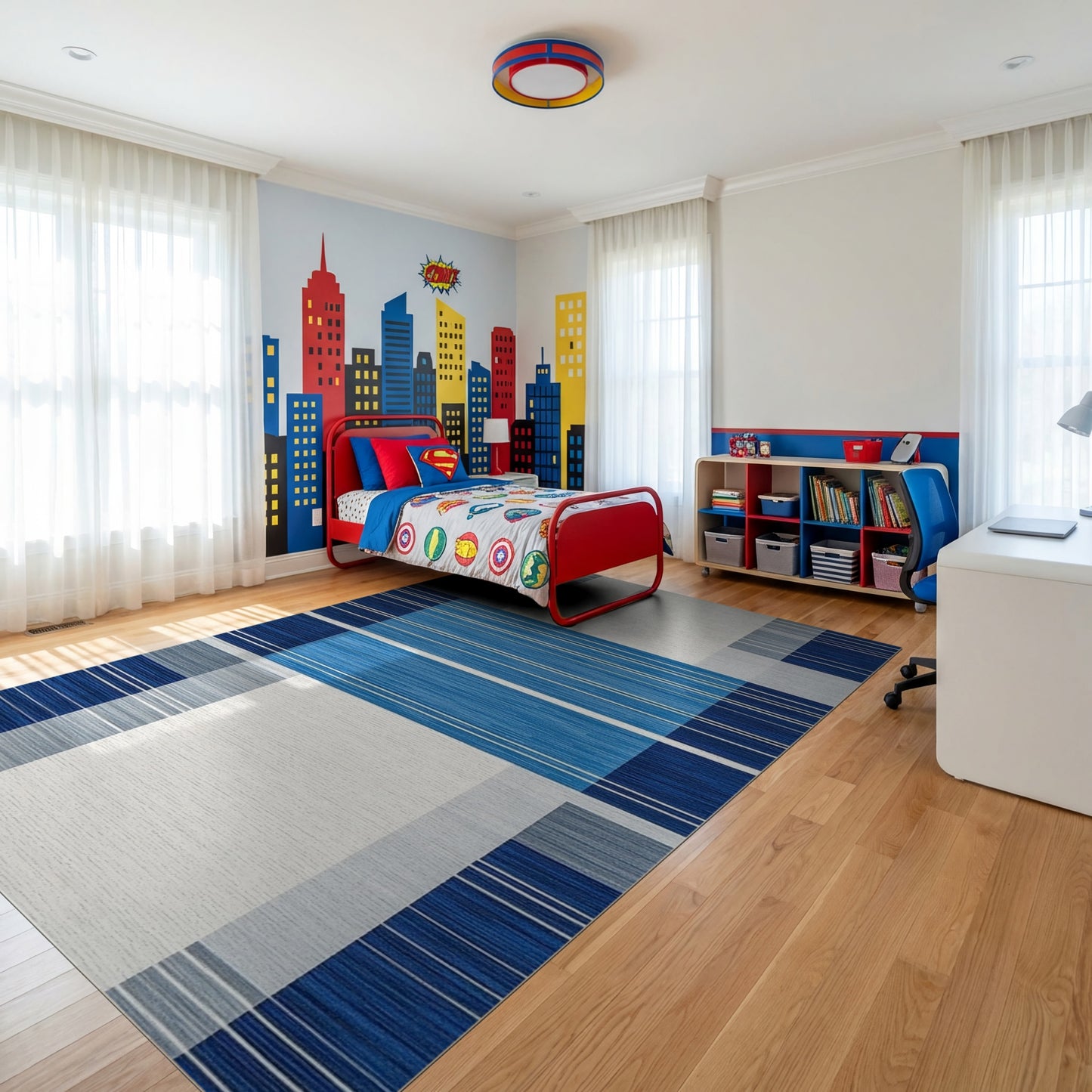 Modern Navy Gray Striped Geometric Rug