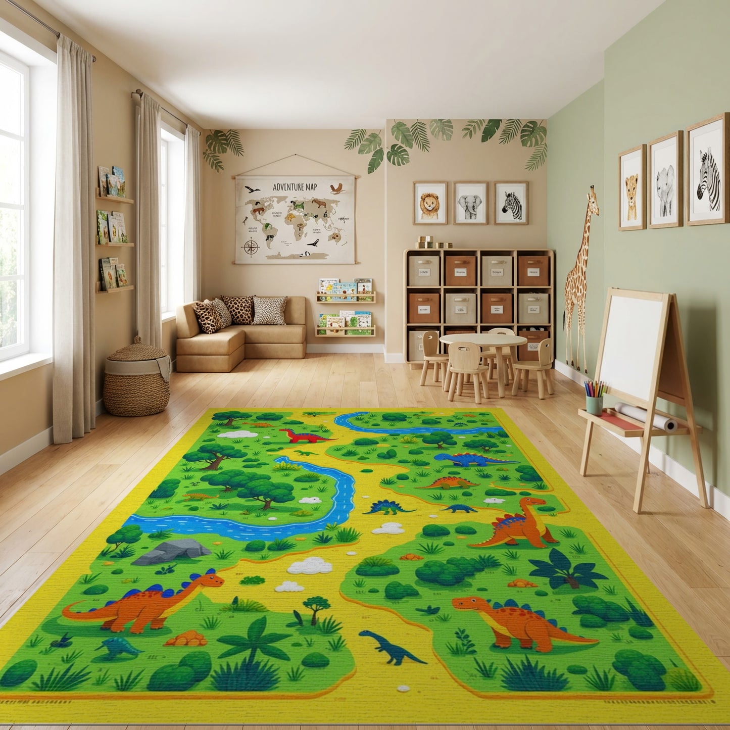 Whimsical Dinosaur Jungle River Rug