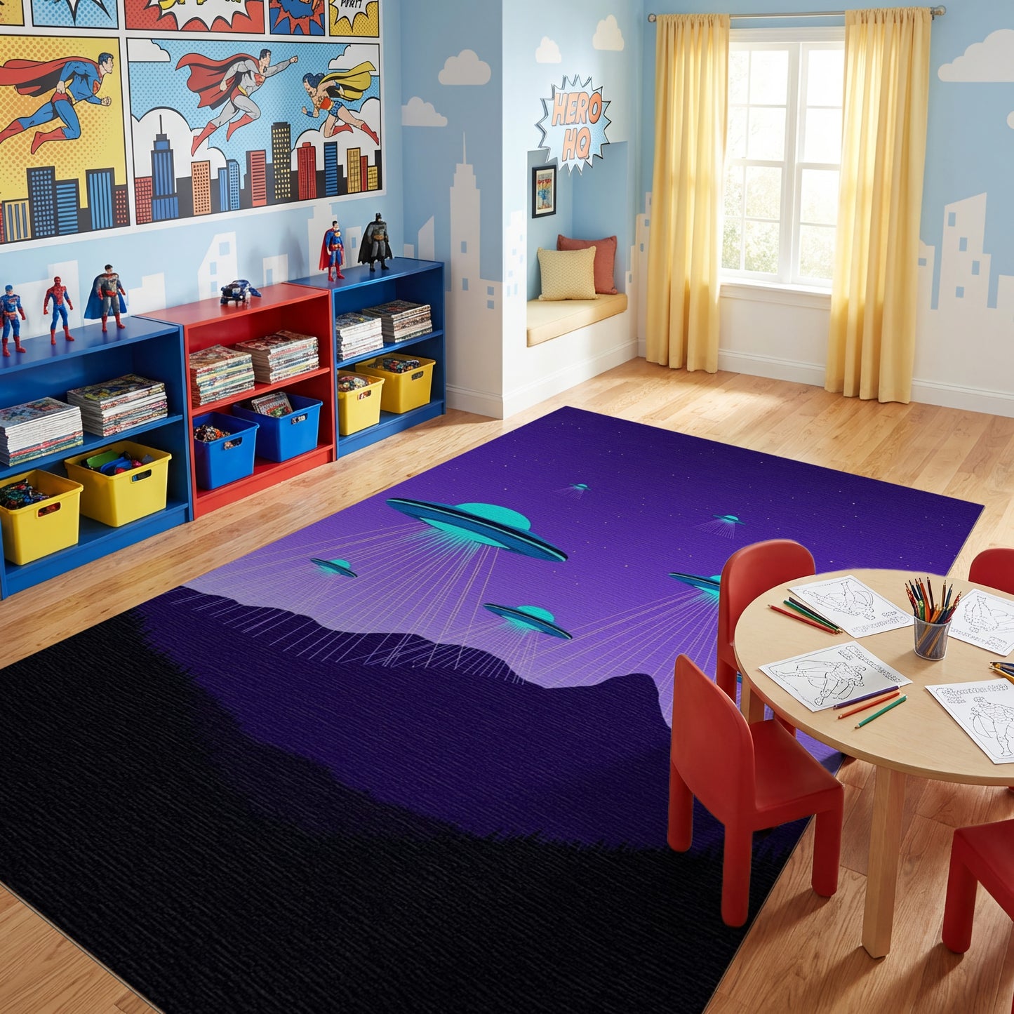 Neon Glowing UFOs Purple Mountains Rug