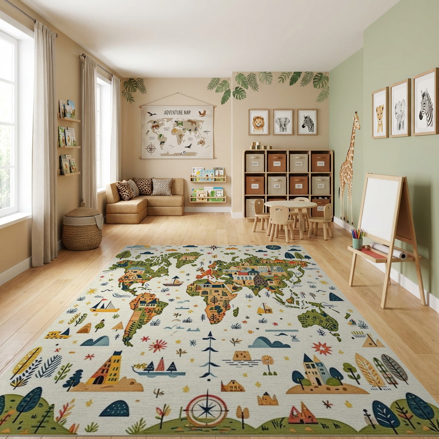 Whimsical Illustrated World Map Rug
