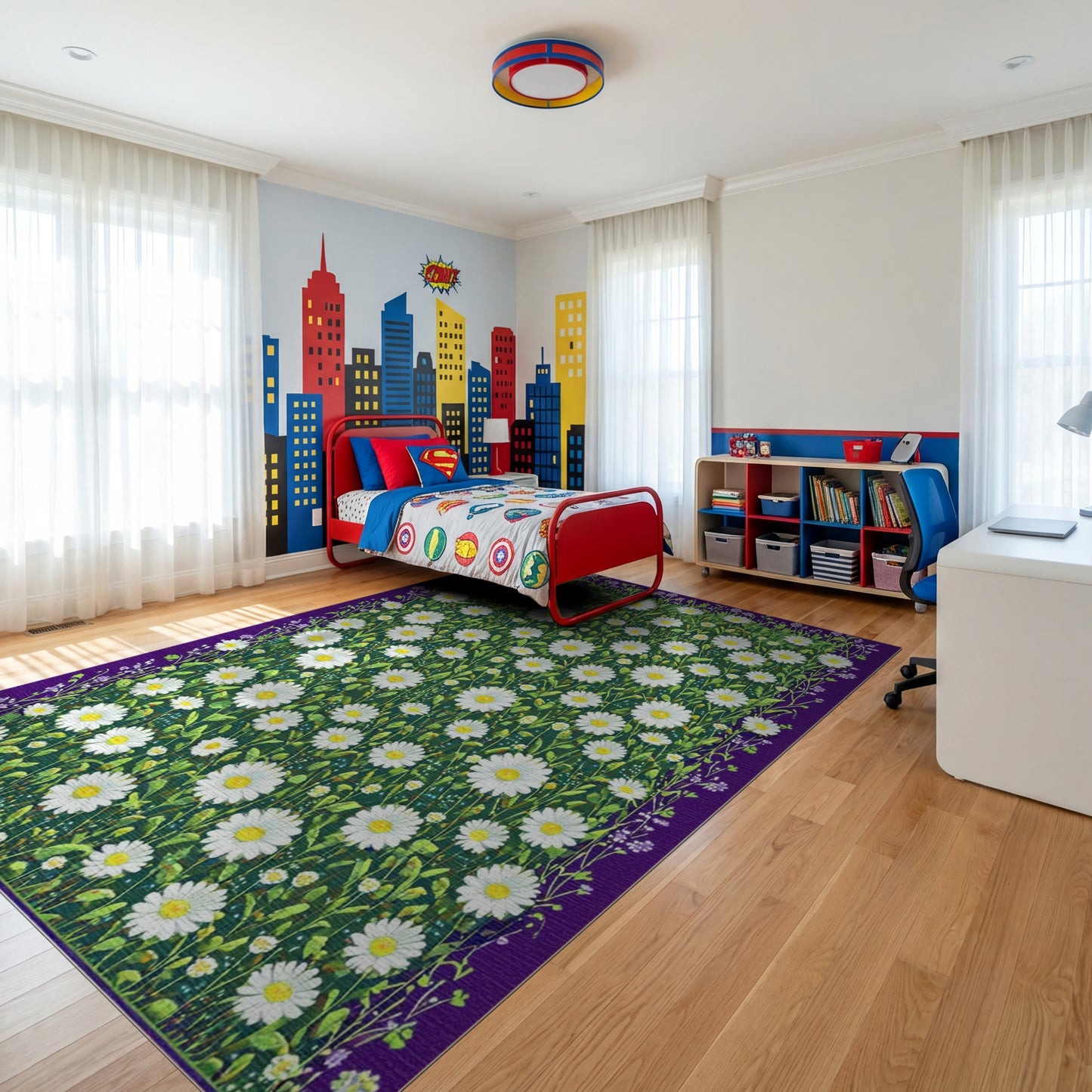 Lush White Daisies Green Meadow Purple Rug