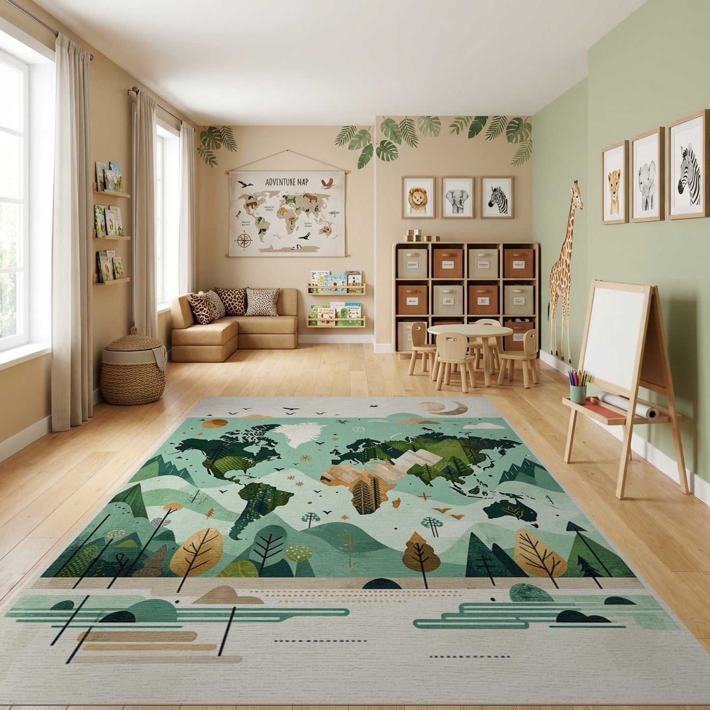 Teal World Map Forest Mountains Rug