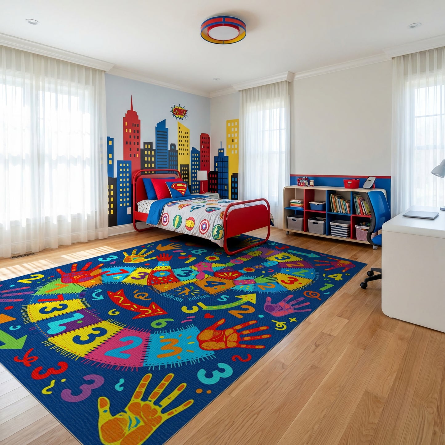 Colorful Handprint Number Game Rug