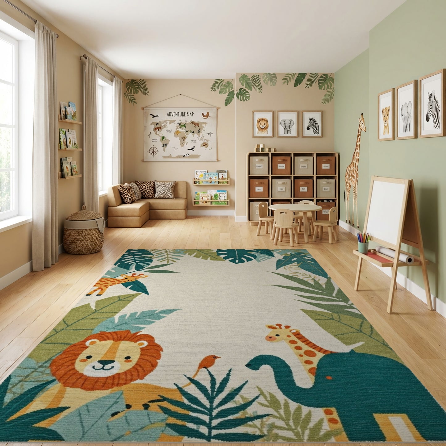 Whimsical Jungle Animals Lush Foliage Rug