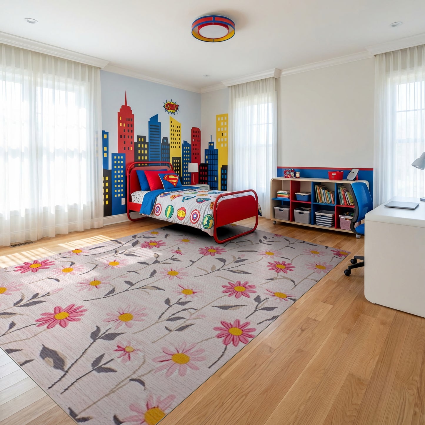 Whimsical Blush Pink Daisy Stem Rug