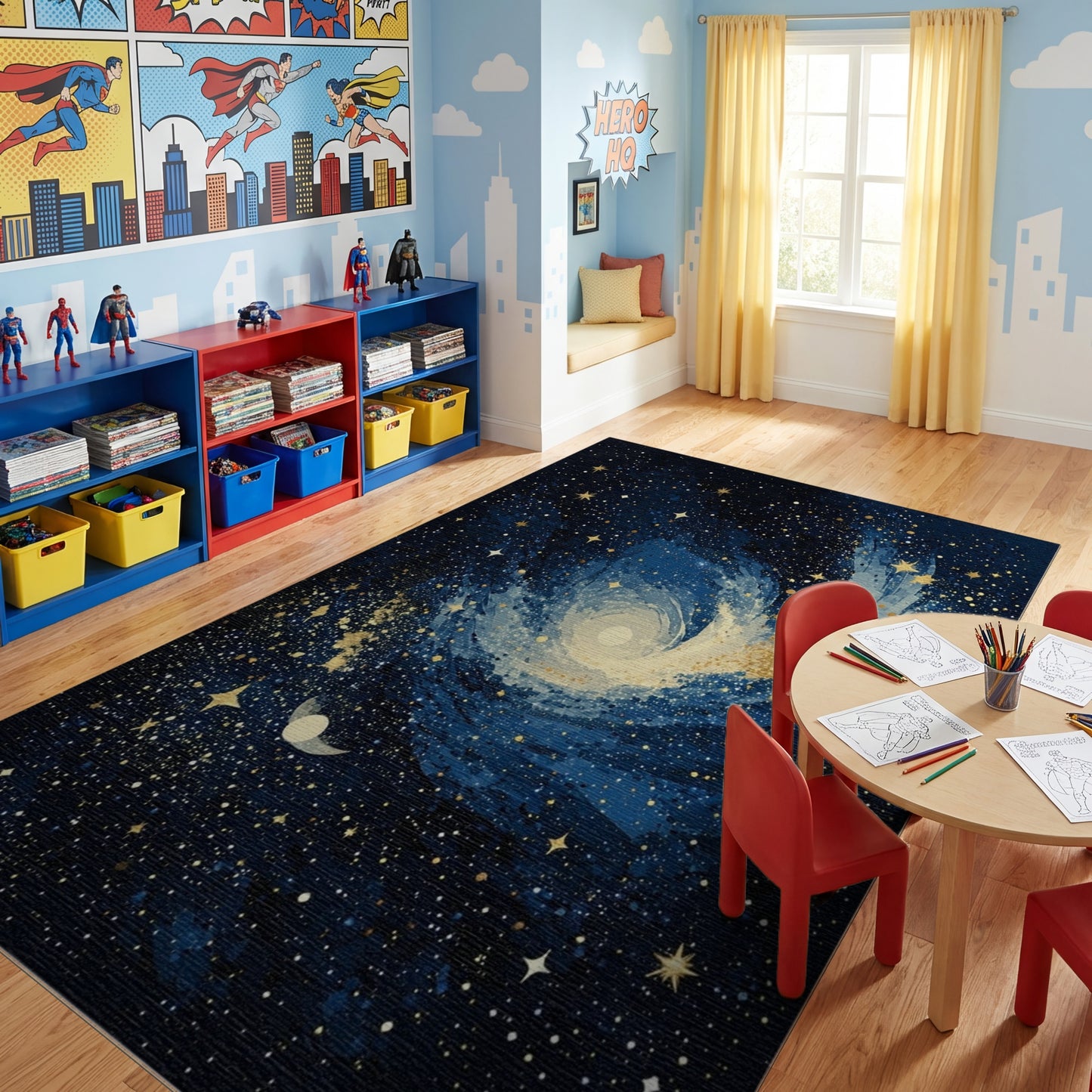 Navy Galaxy Swirl Stars Moon Rug