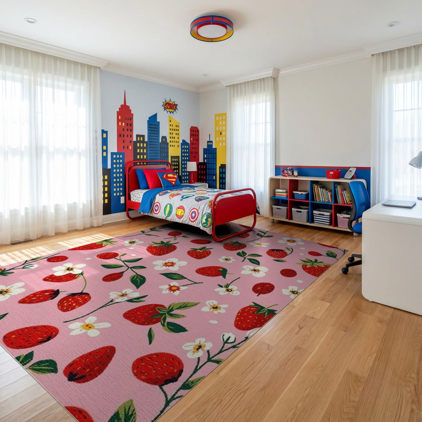 Whimsical Pink Strawberry Floral Rug