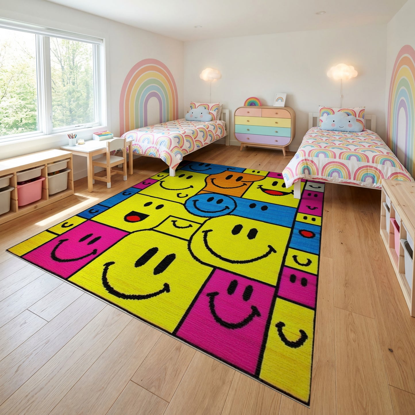 Vibrant Color Block Smiling Faces Rug