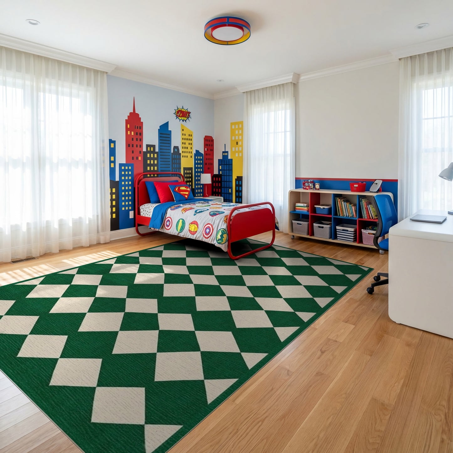 Emerald Green Ivory Harlequin Rug