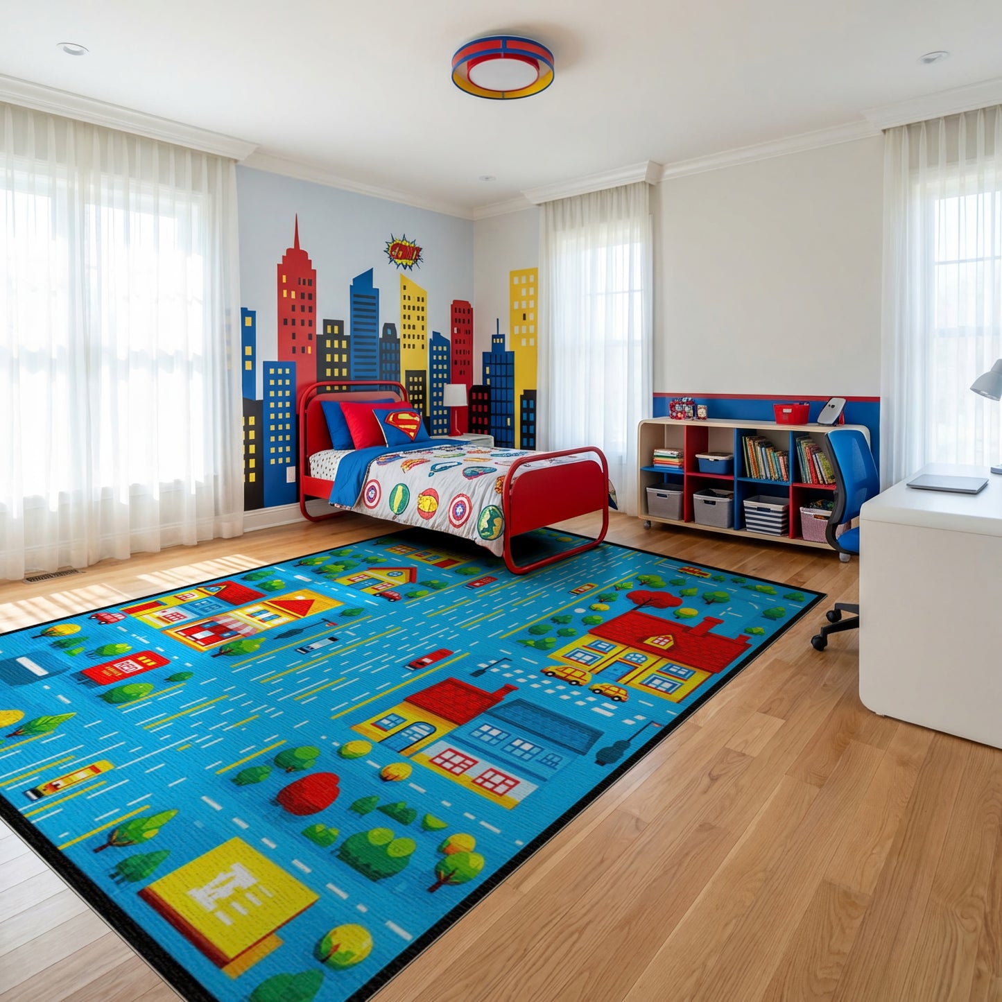 Playful Colorful Village Street Scene Rug