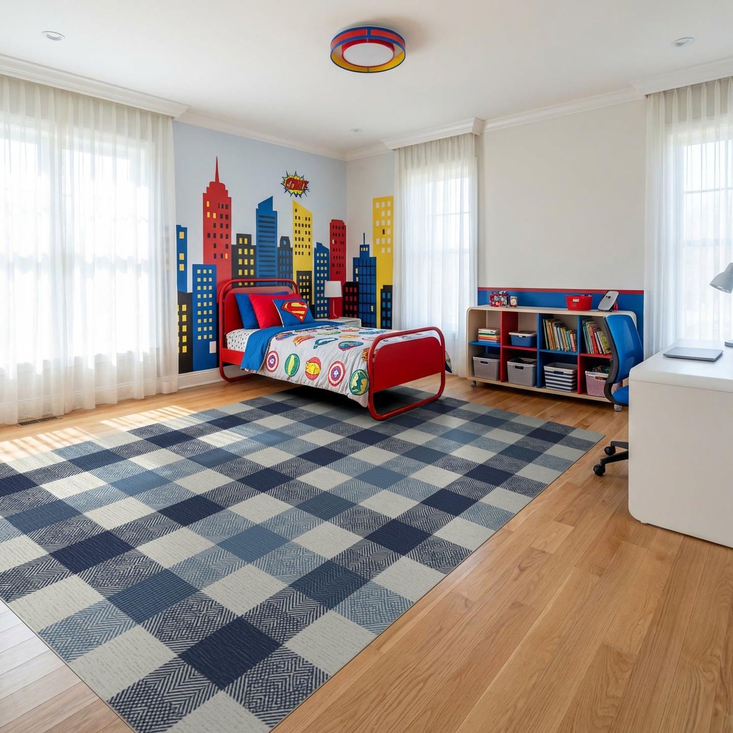 Navy Blue White Plaid Rug