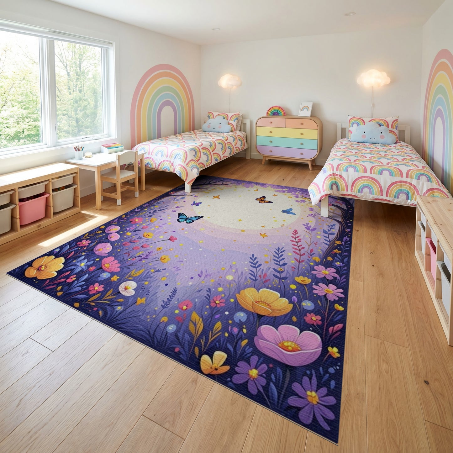 Whimsical Purple Forest Moon Butterflies Rug