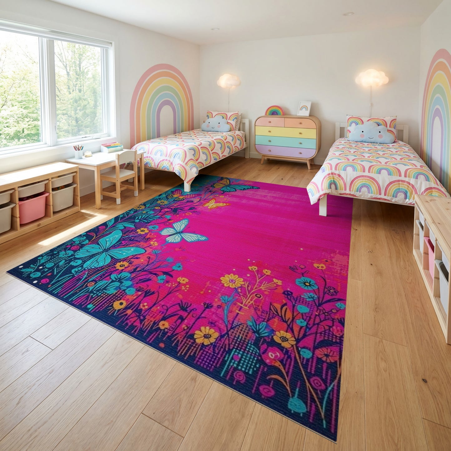Vibrant Pink Teal Butterfly Floral Rug