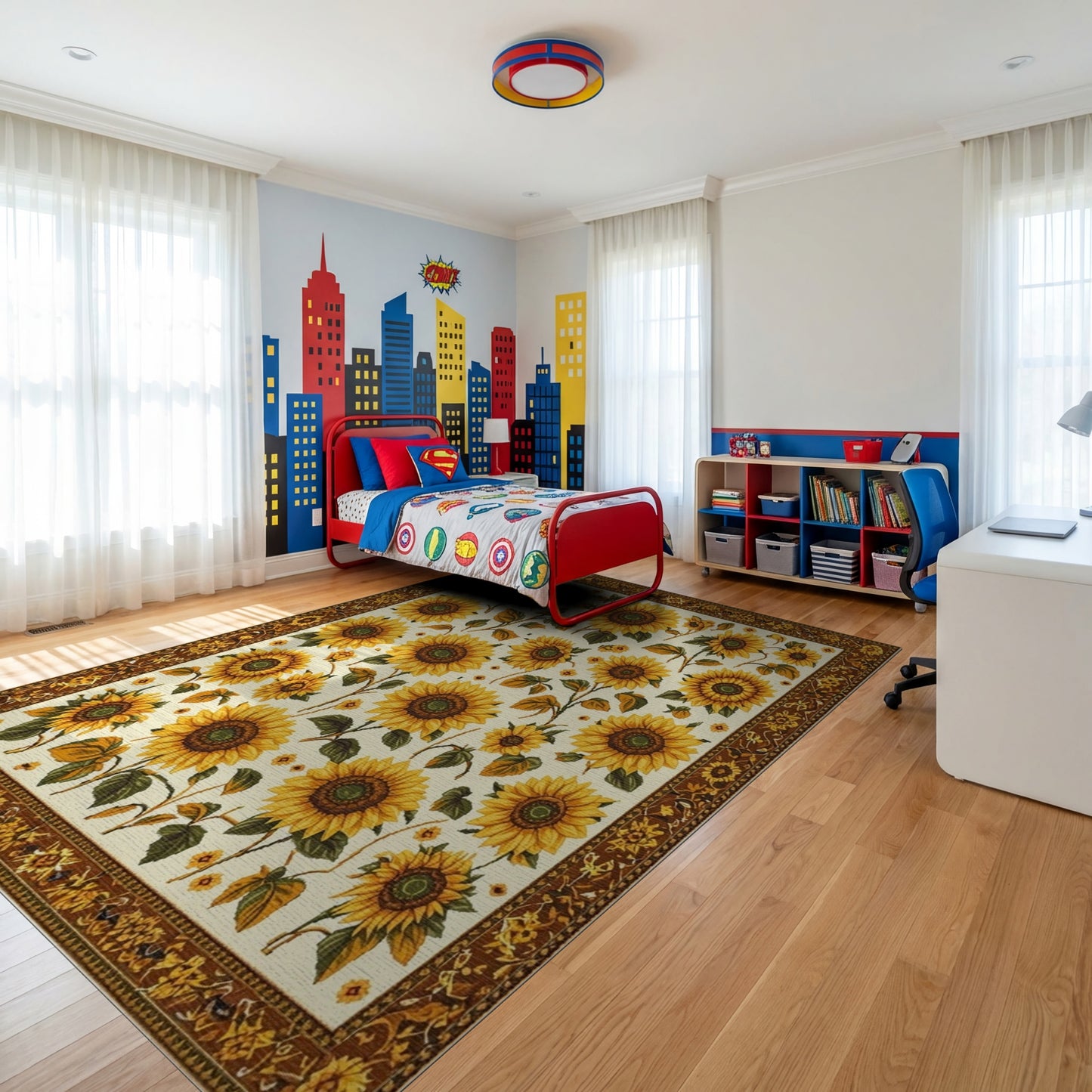 Cream Sunflower Leaves Golden Border Rug