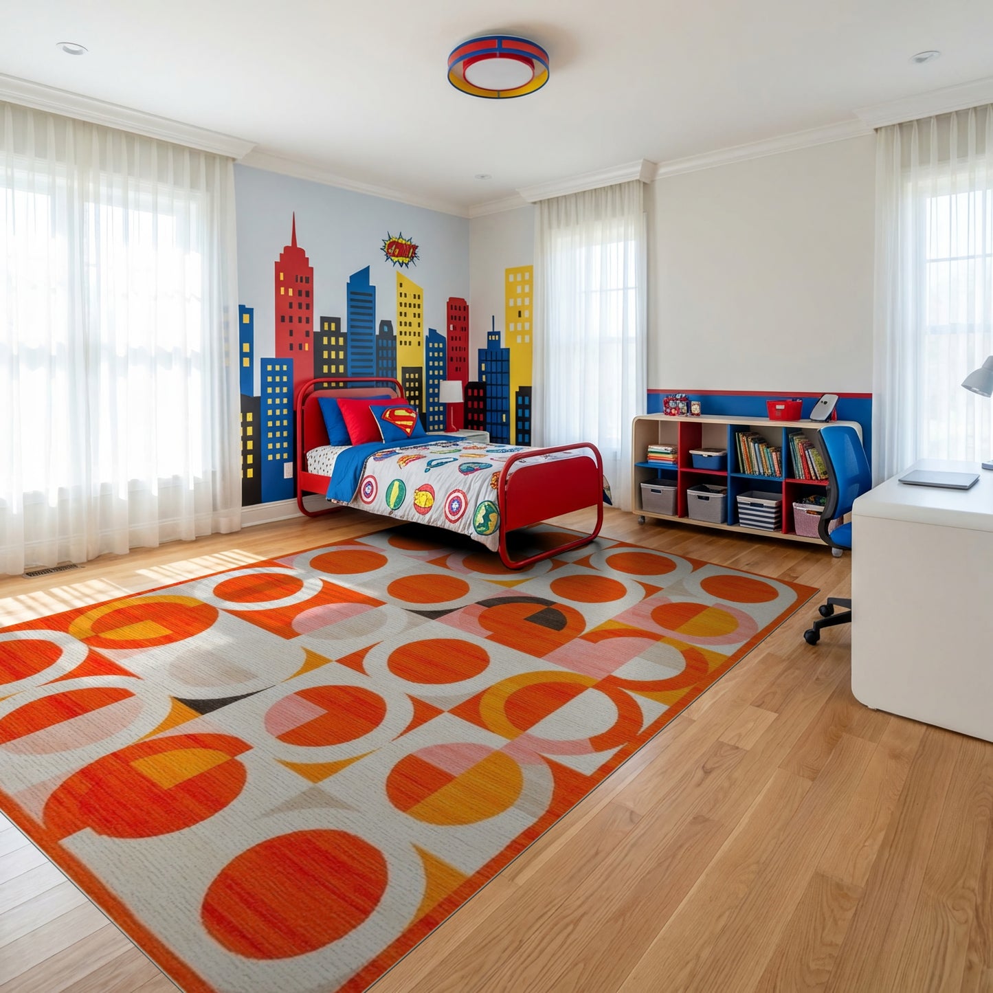 Vibrant Orange Pink Circles Geometric Rug
