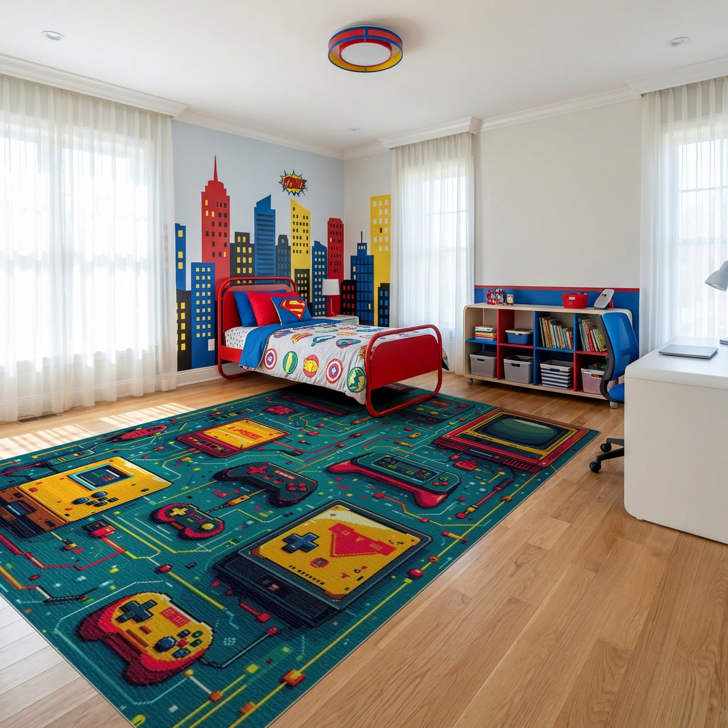 Vibrant Teal Retro Arcade Gaming Rug