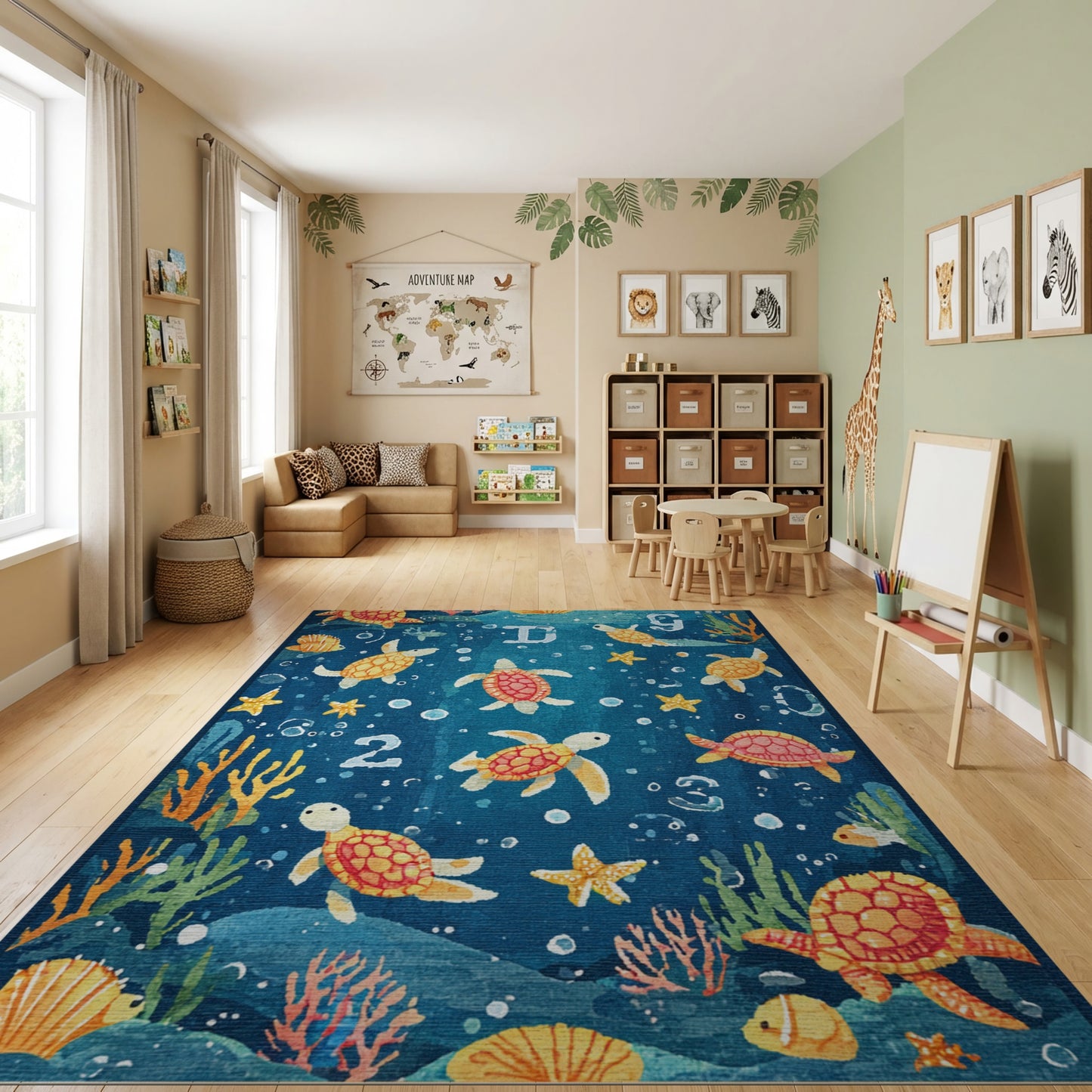Vibrant Orange Turtles Bubbles Stars Rug
